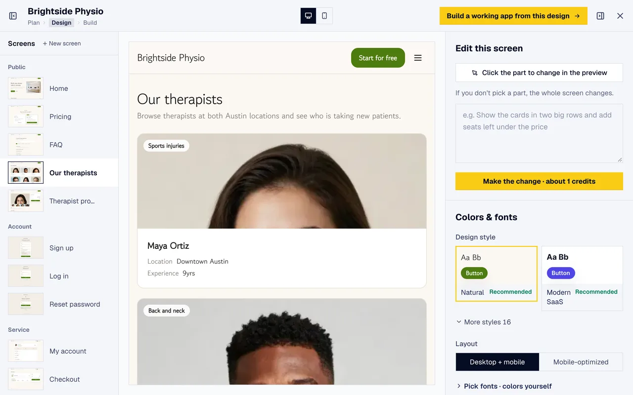 The design screen — edit while you look
