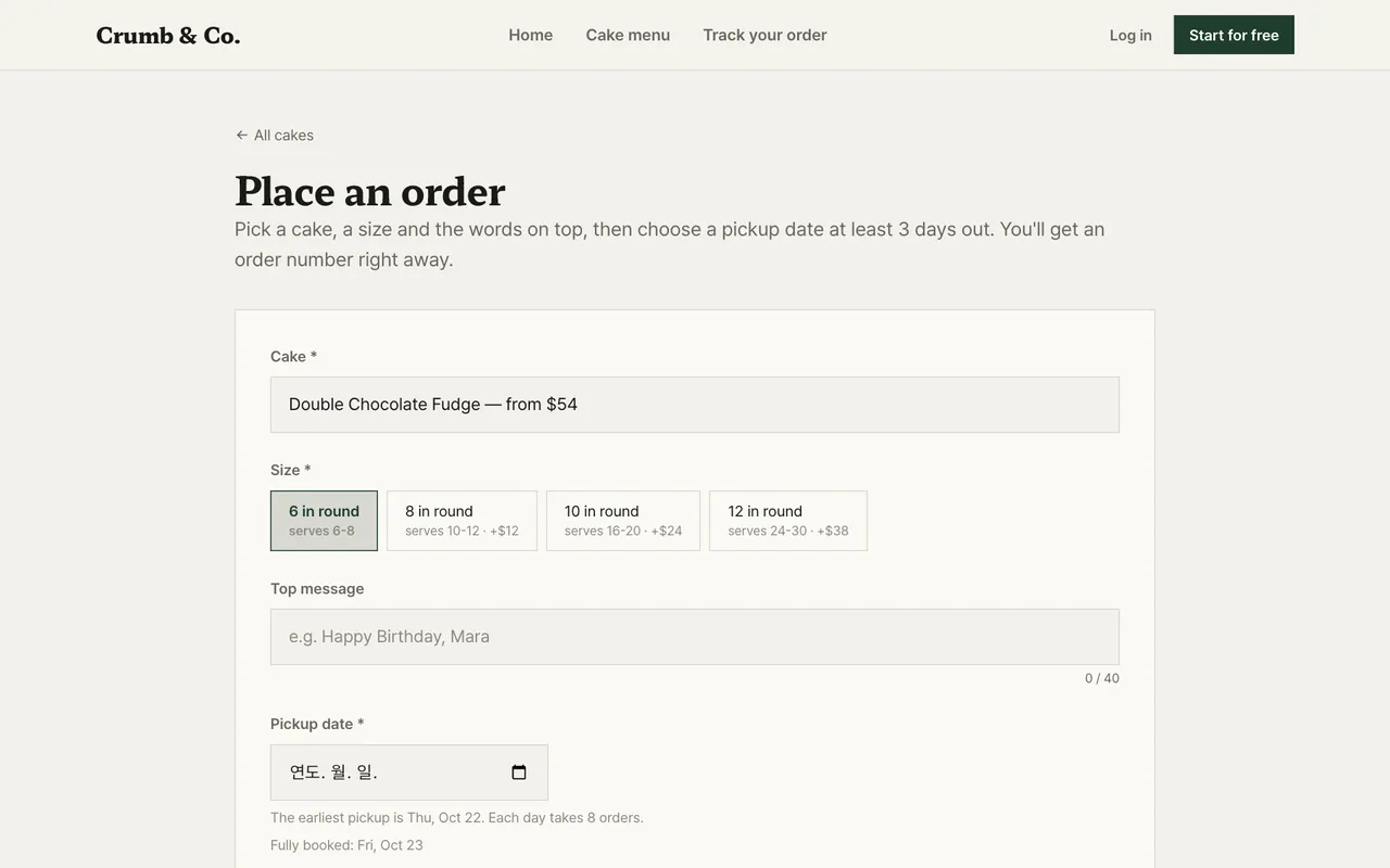 Cake order form