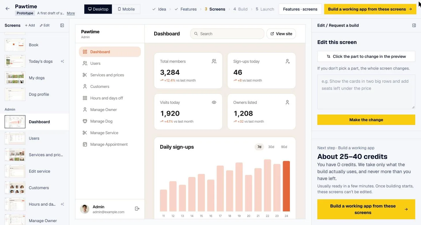 The admin dashboard is drawn during screen design too, and the real app follows it.