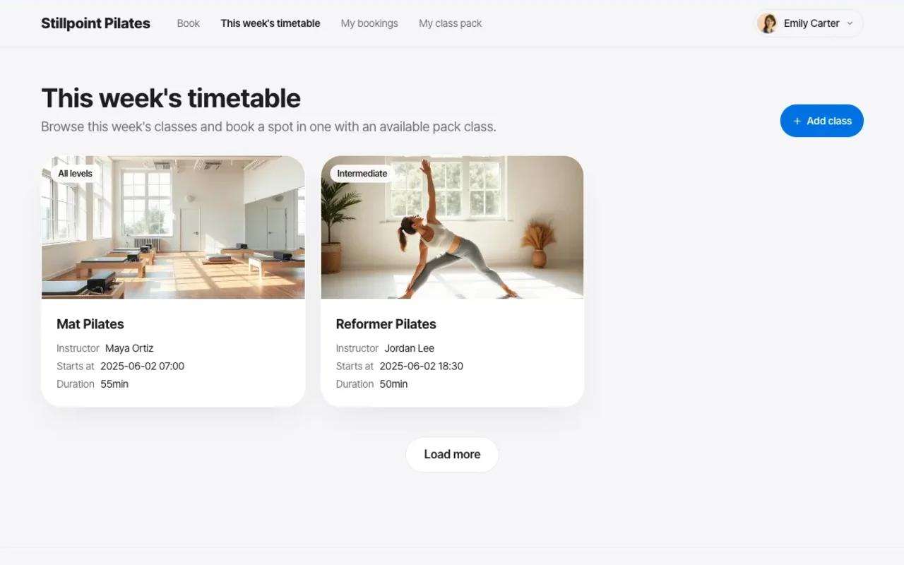 The screen plan (prototype) for a pilates booking app.