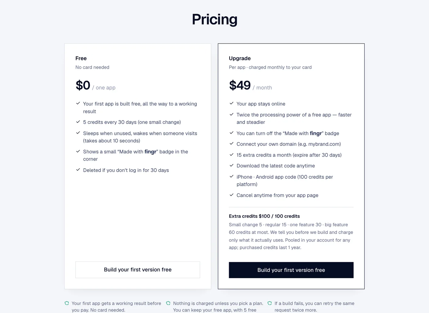 fingr's pricing: build your first app with free credits, then upgrade only the apps you want always on