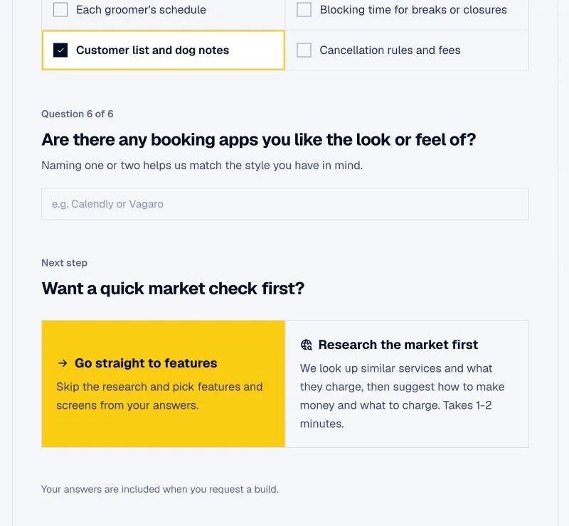 At the end of the questions you choose whether to get market research on similar services and their pricing.