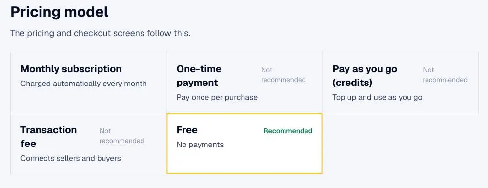 Picking a pricing model in fingr. It marks what fits your answers, and the pricing and checkout screens follow your choice.