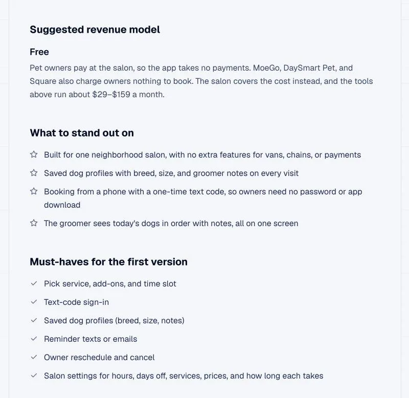 Part of the market research: a suggested revenue model, what to stand out on, and must-haves for the first version.