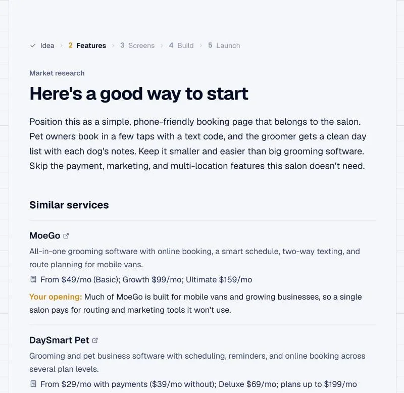 Pick market research and you get similar products, what they charge, and a suggested way to start.