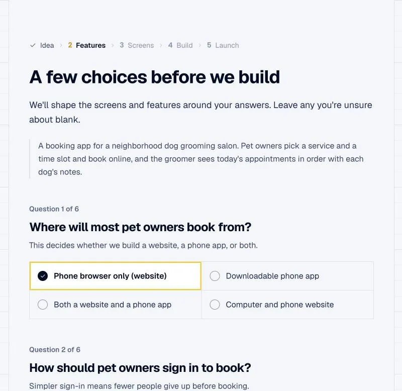 fingr's planning questions. They settle the choices that change the result most, like who uses the app and on which device.