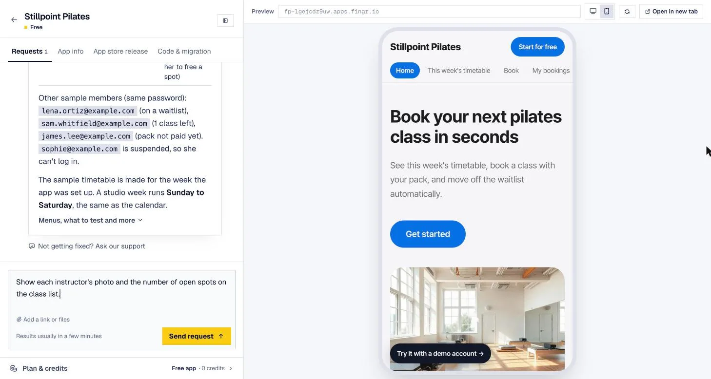 A pilates booking app built with fingr, previewed at phone size. The same web app runs on the web, iPhone and Android.