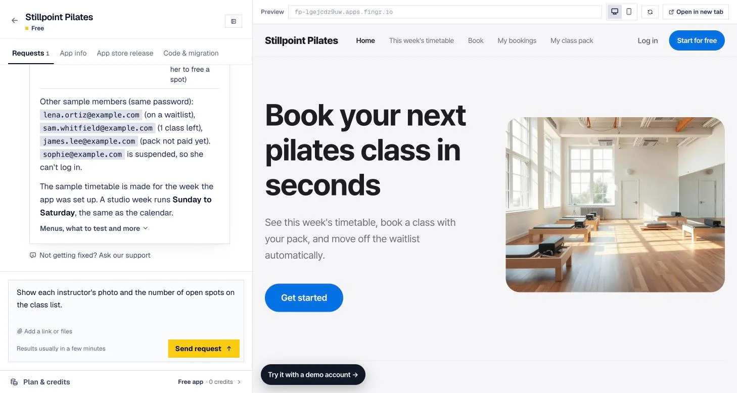 A finished app: type changes on the left and check the live app on the right (here, a Pilates studio booking app).